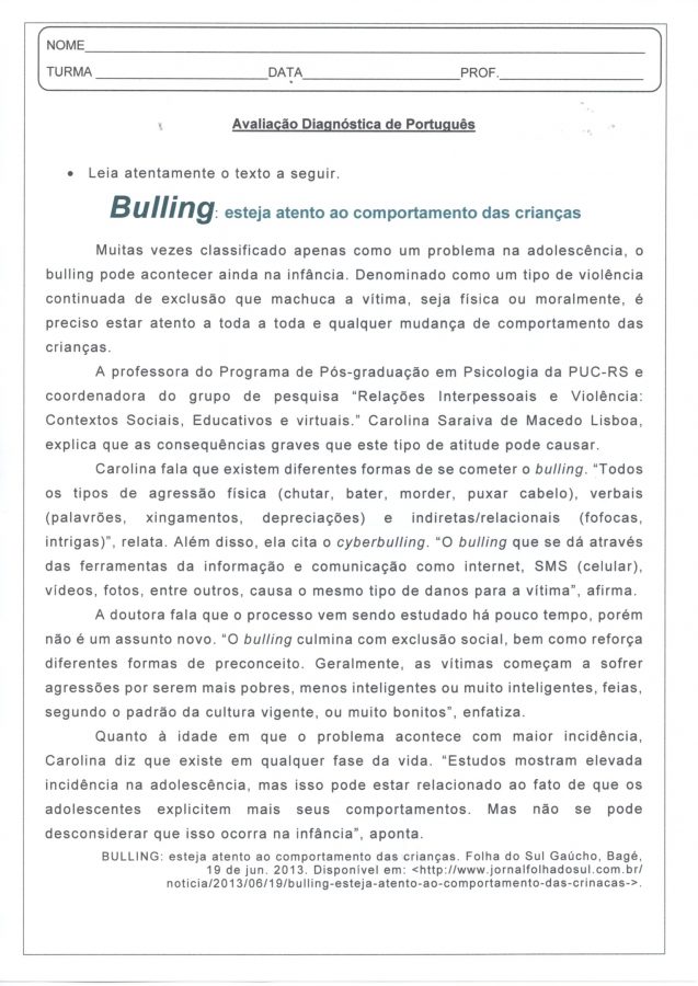 Avaliação Diagnostica-Bulling-Verbos-Leitura e Interpretação-Folha 1