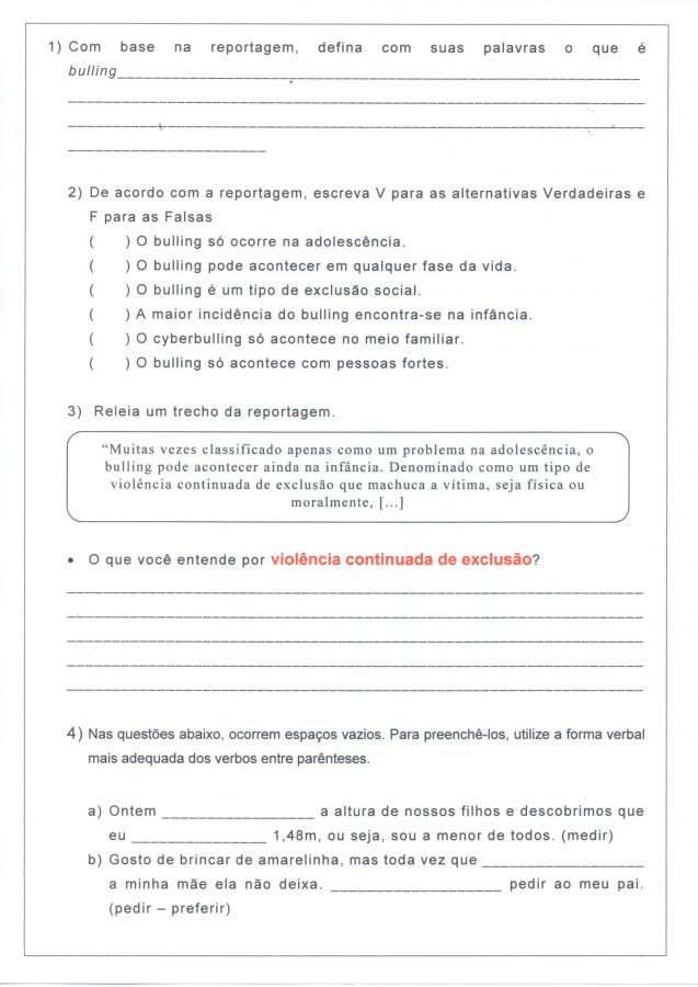 Avaliação Diagnostica-Bulling-Verbos-Leitura e Interpretação-Folha 2