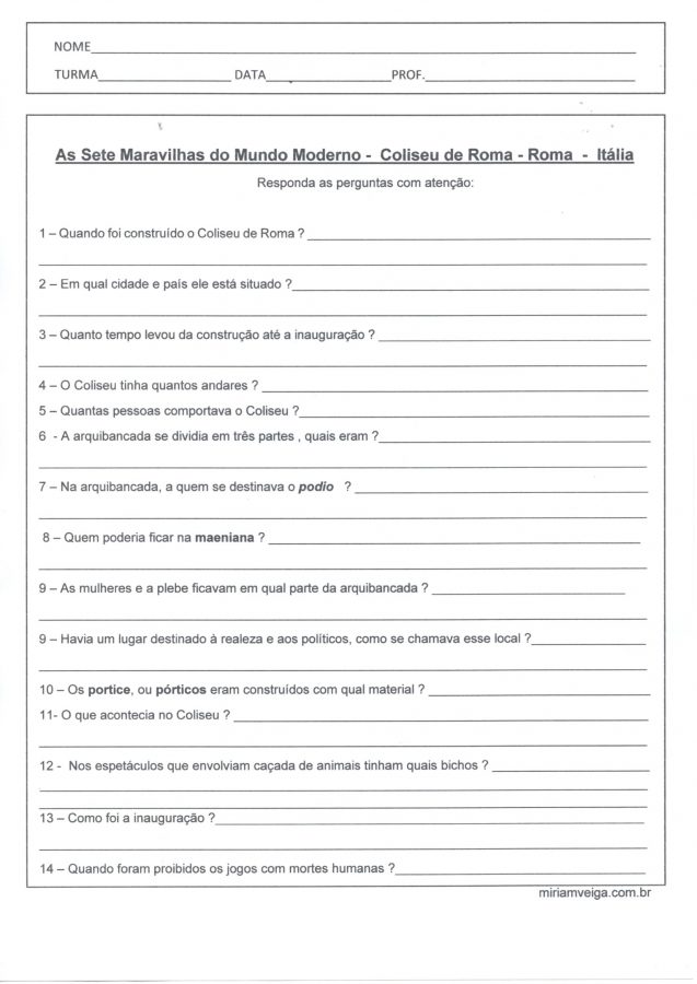 Maravilhas do Mundo Moderno-O Coliseu de Roma-Questões