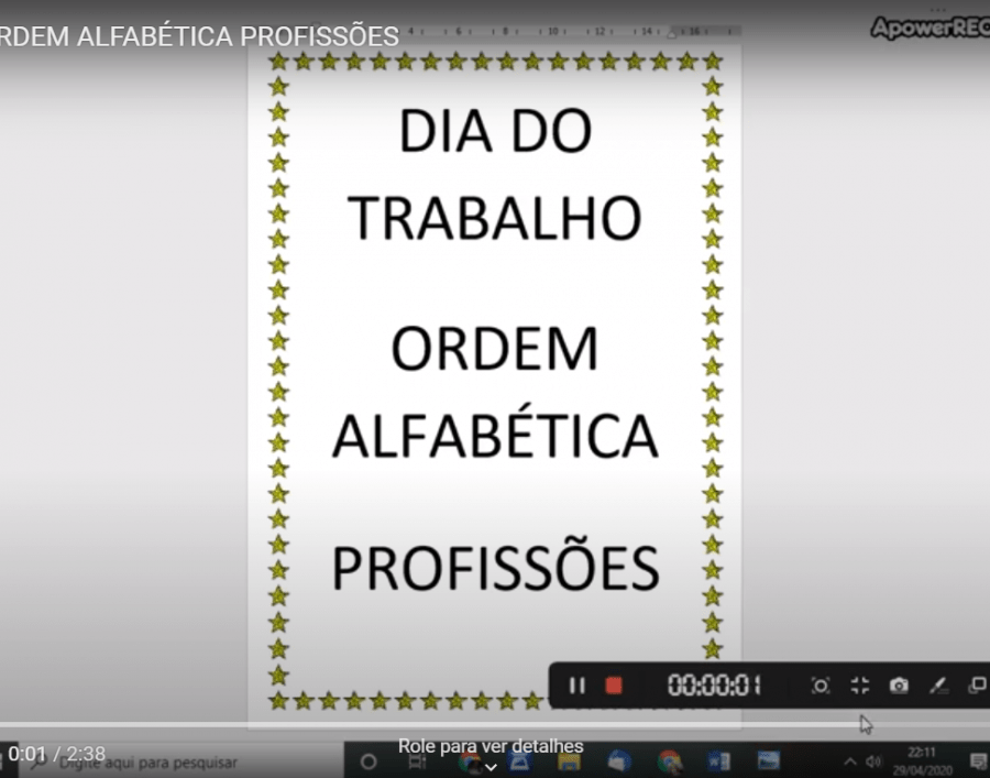 tela da Videoaula-ORDEM ALFABÉTICA PROFISSÕES