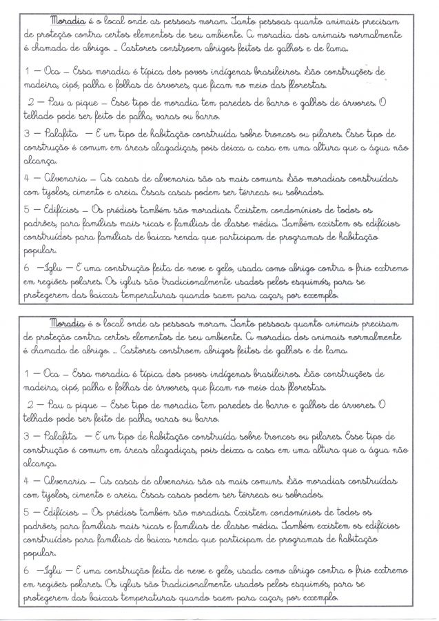 Tipos de moradia-Texto para treino de Letra Cursiva