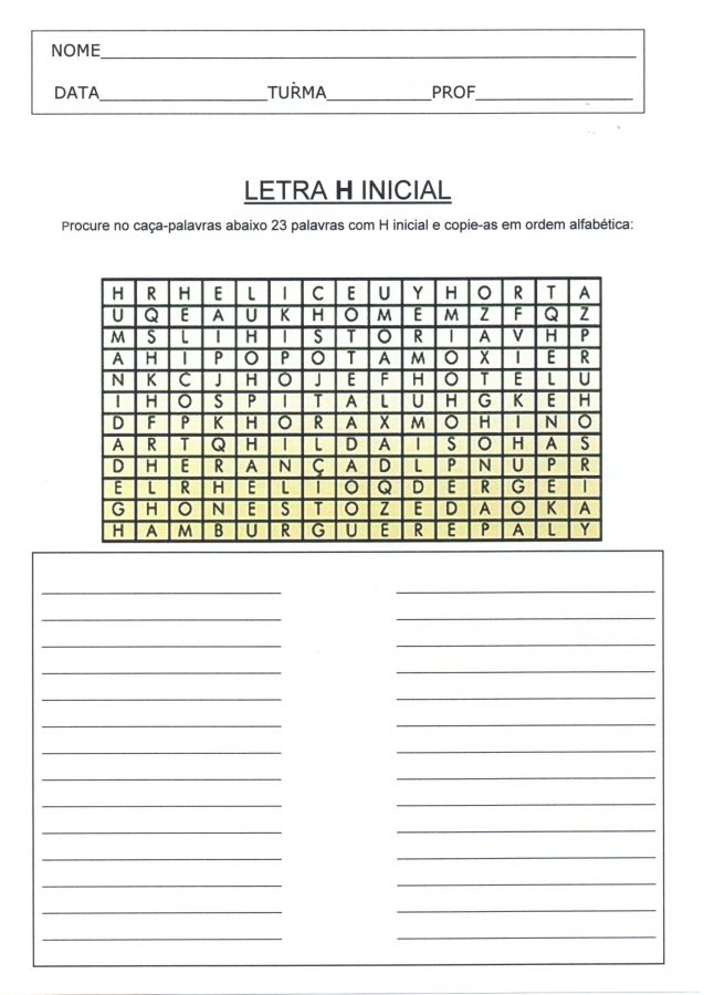 Letra H inicial-Caça-palavras e Ordem alfabética