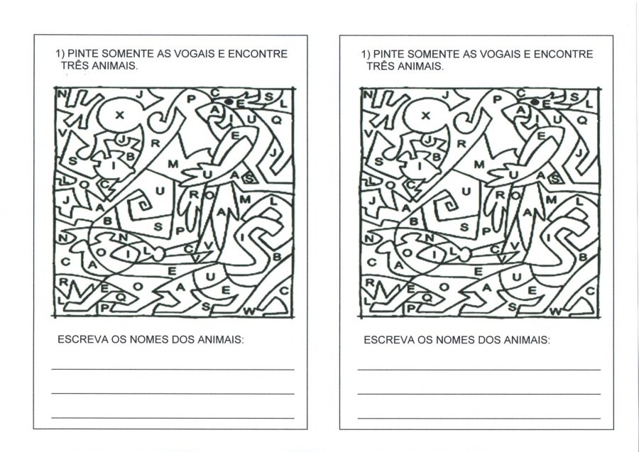 Vogais-Encontrar Pintar e Achar os animais