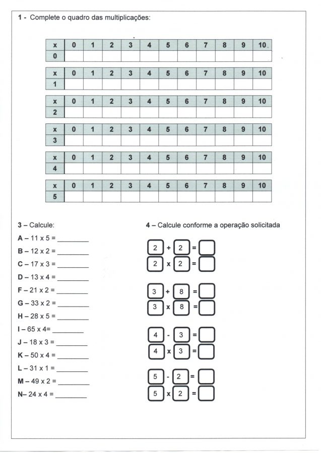 Complete o quadro da Multiplicação