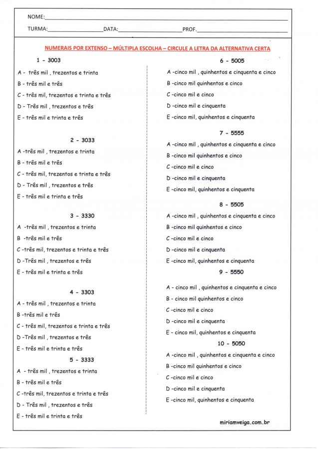 Numerais por extenso Múltipla Escolha