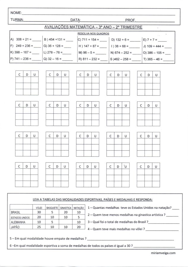 Avaliação de Matemática 3 Ano-2 Trimestre-contas e interpretação de tabela