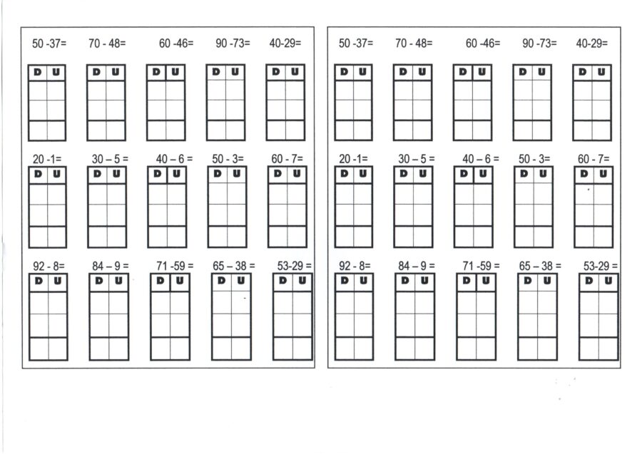 Subtração para armar no quadro Dezena e Unidade