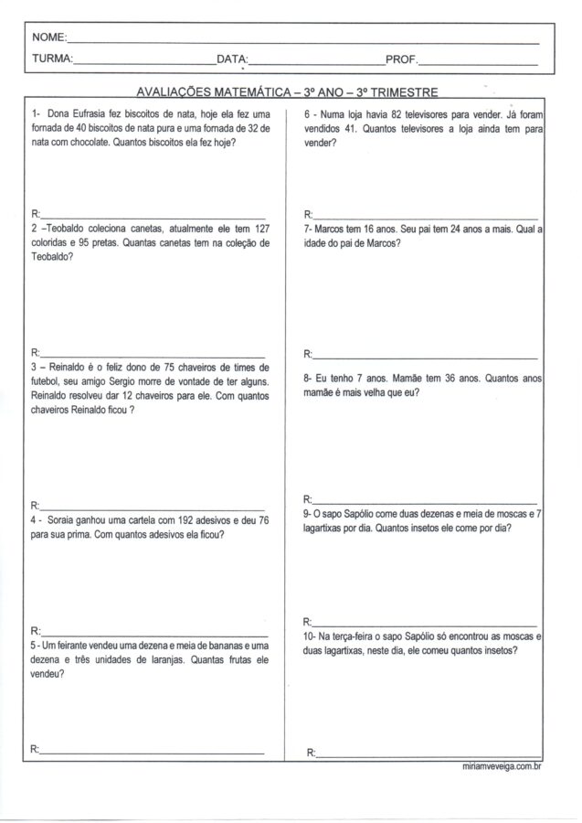 Avaliação de Matemática 3 Ano-Problemas