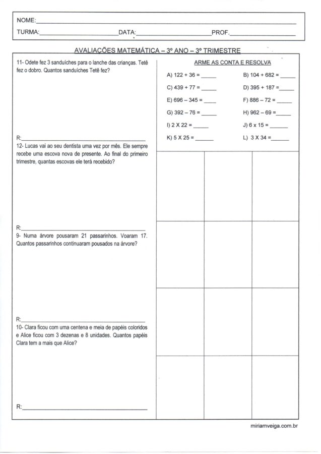 Avaliação de Matemática 3 Ano-Problemas e contas
