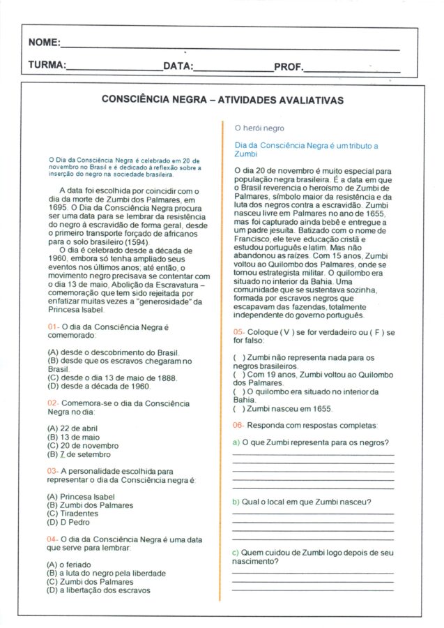 Avaliação-Dia da Consciência negra-Parte 1-Folha 1