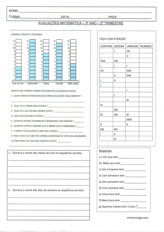 Avaliação de matemática 1º Ano EF - 3º bimestre