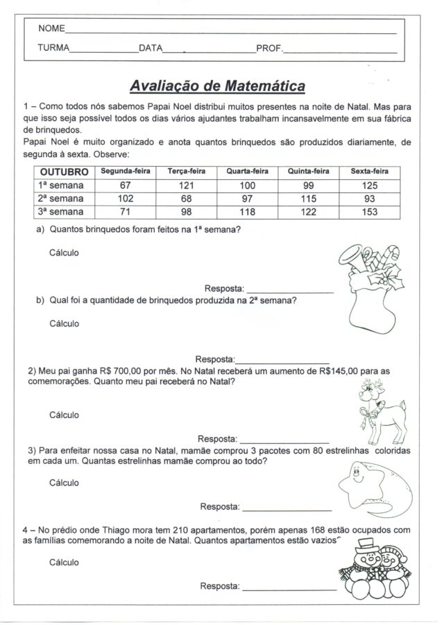  Avaliação de Matemática-1 e 2 anos-tabela problemas