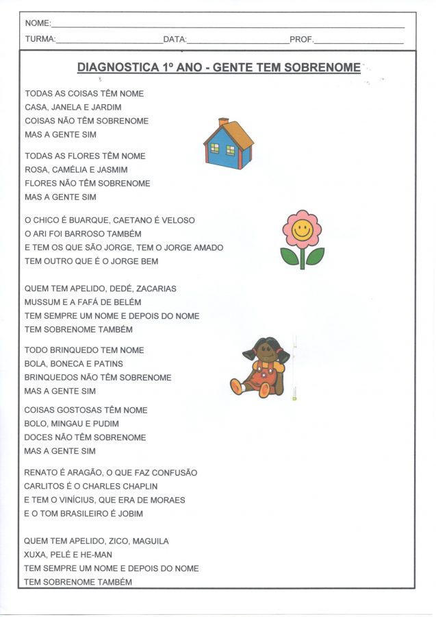Avaliação Diagnóstica 1 ANO-Parte 1-Folha 1
