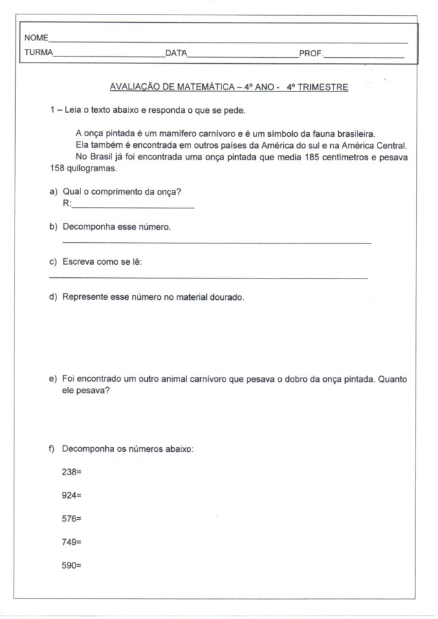 Avaliação Final de Matemática-4 ano-Parte 1