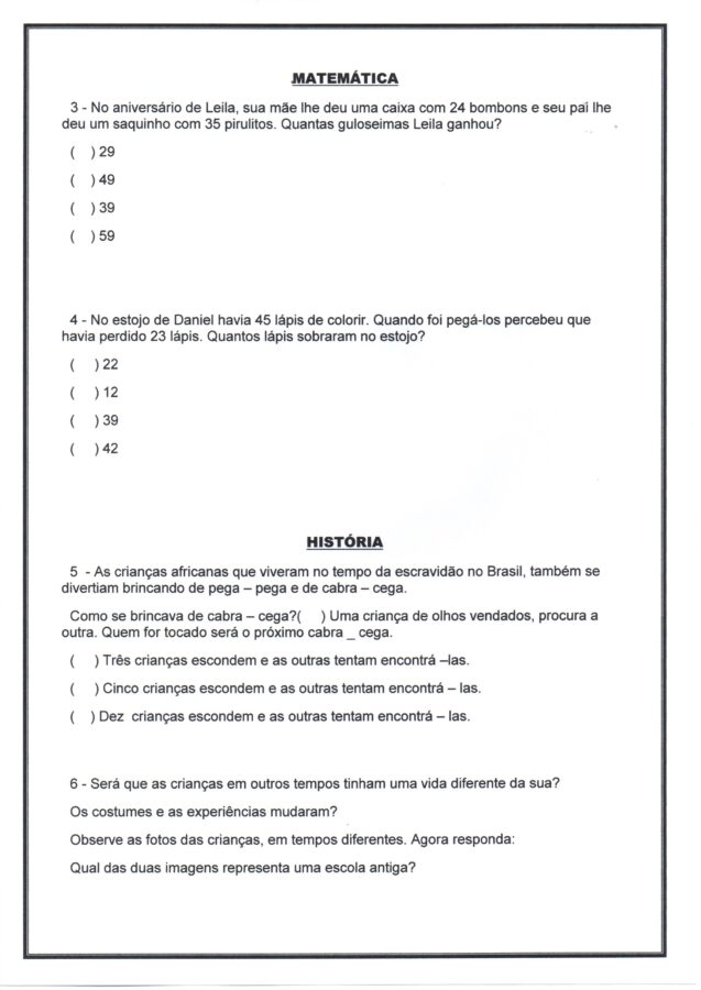 Avaliação de Matemática e História-1 ano-3 trimestre