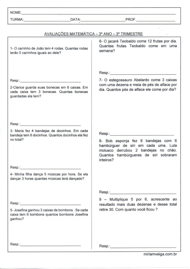 Avaliação de Matemática-3 ano-3 trimestre