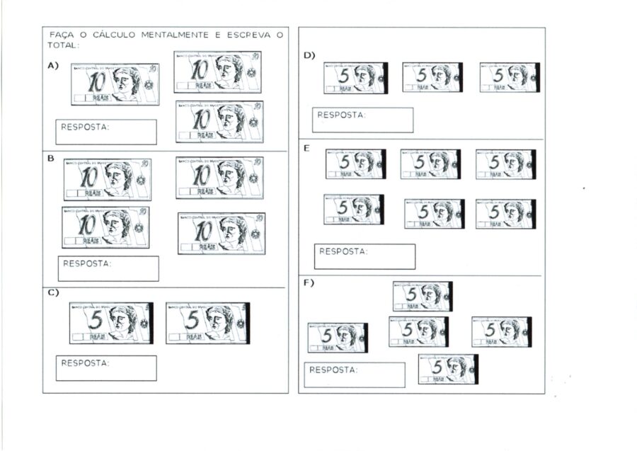 Cálculo mental com cédulas para resolver