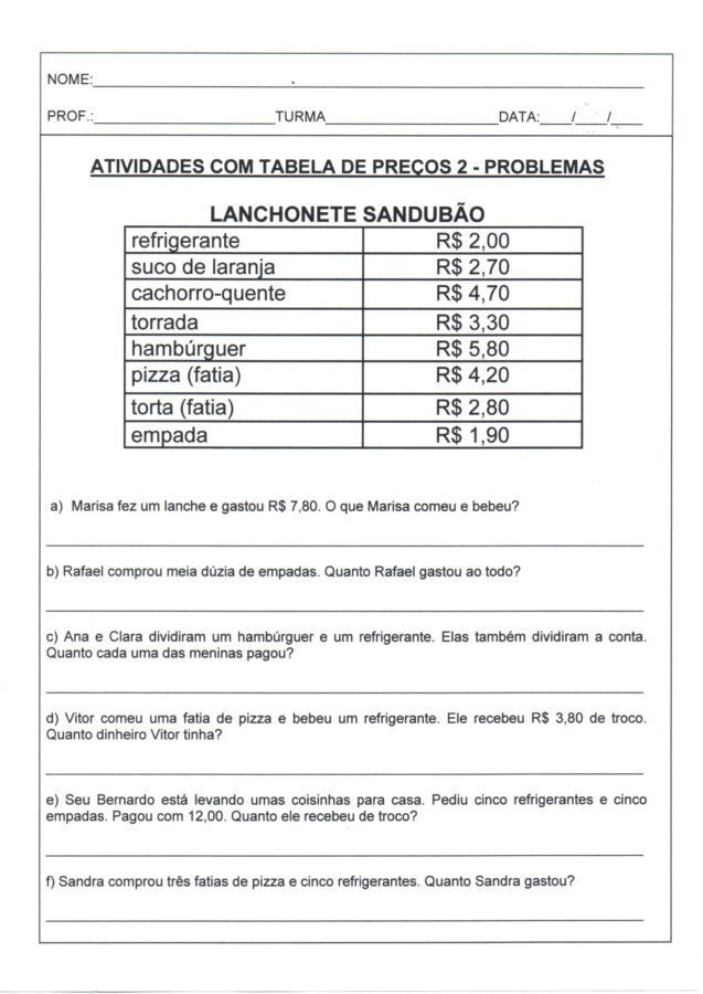 Atividade com tabela de preços e problemas