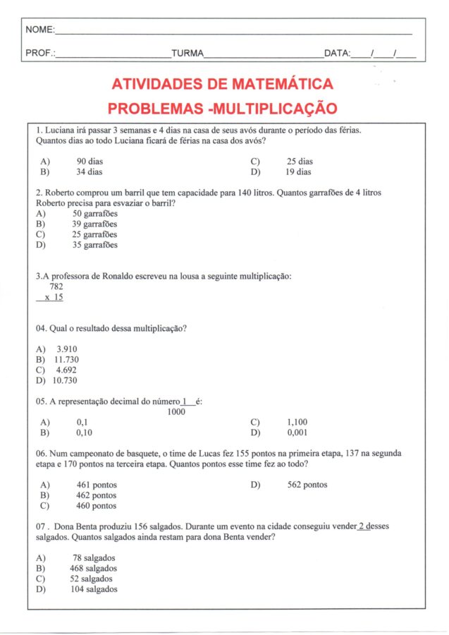 Matemática-Problemas de Multiplicação
