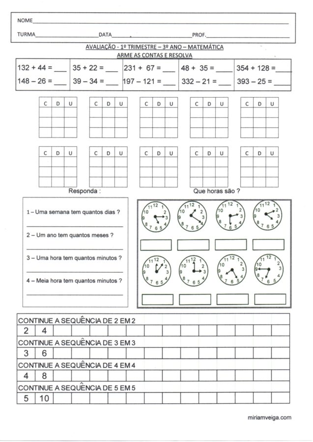 Avaliação Contas Tempo Horas 3 Ano