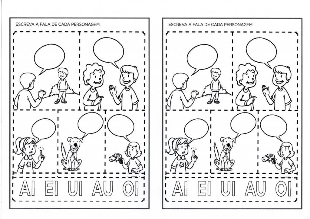 Atividades com vogais-Ligar vogais e escrever as falas-Folha 2