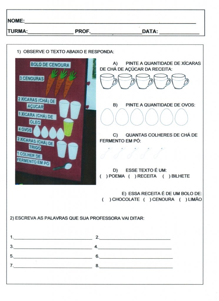 Avaliação 1 ano-Português Receita Bilhete Cantiga-Folha 1