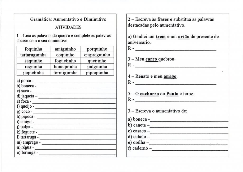 Atividades com Diminutivo e Aumentativo