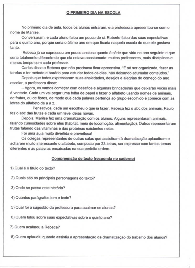 Interpretação de texto 4 e 5 ANOS-Primeiro dia na escola