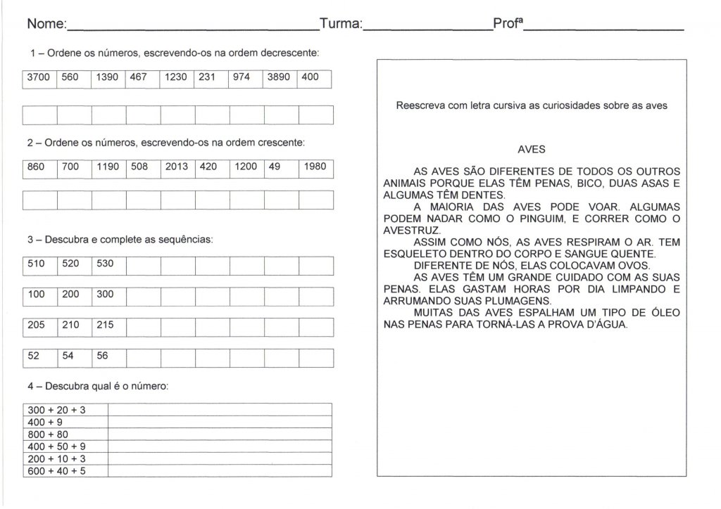 Ordem Crescente e Decrescente e letra cursiva