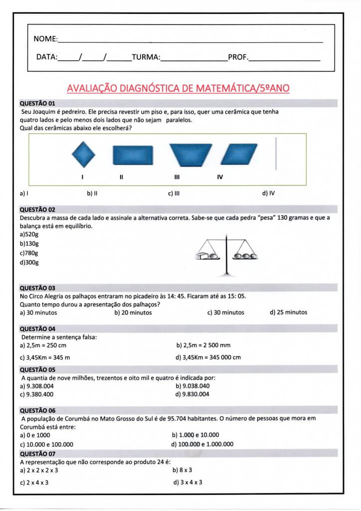 Avaliação Diagnóstica 5 Ano-Matemática-Parte 1-Folha 1