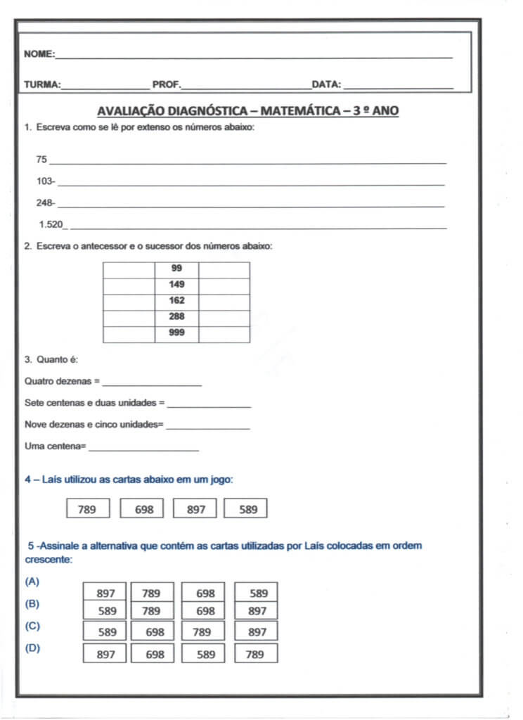 Avaliação Diagnóstica 3 Ano-Matemática-Parte 1-Folha 1