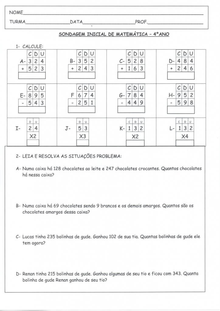 Sondagem Inicial Diagnóstica de Matemática 4 Ano