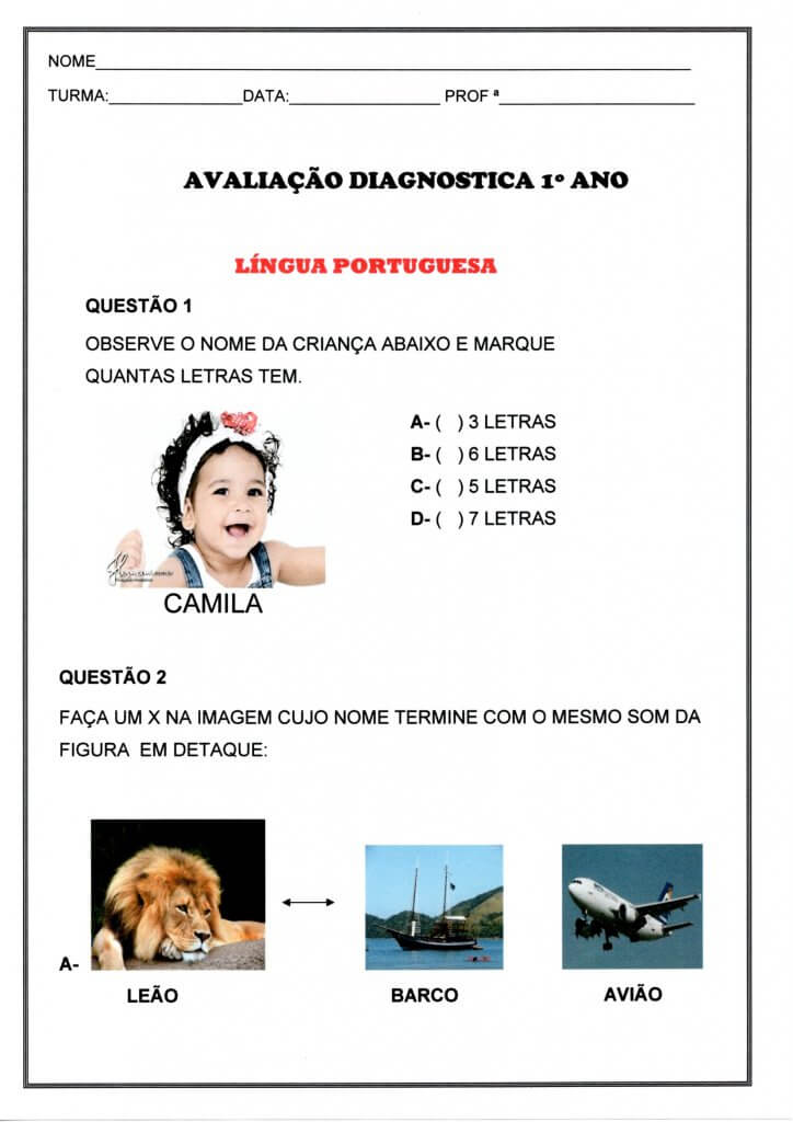 Avaliação Diagnóstica Geral 1 Ano-Parte 1-Folha 1