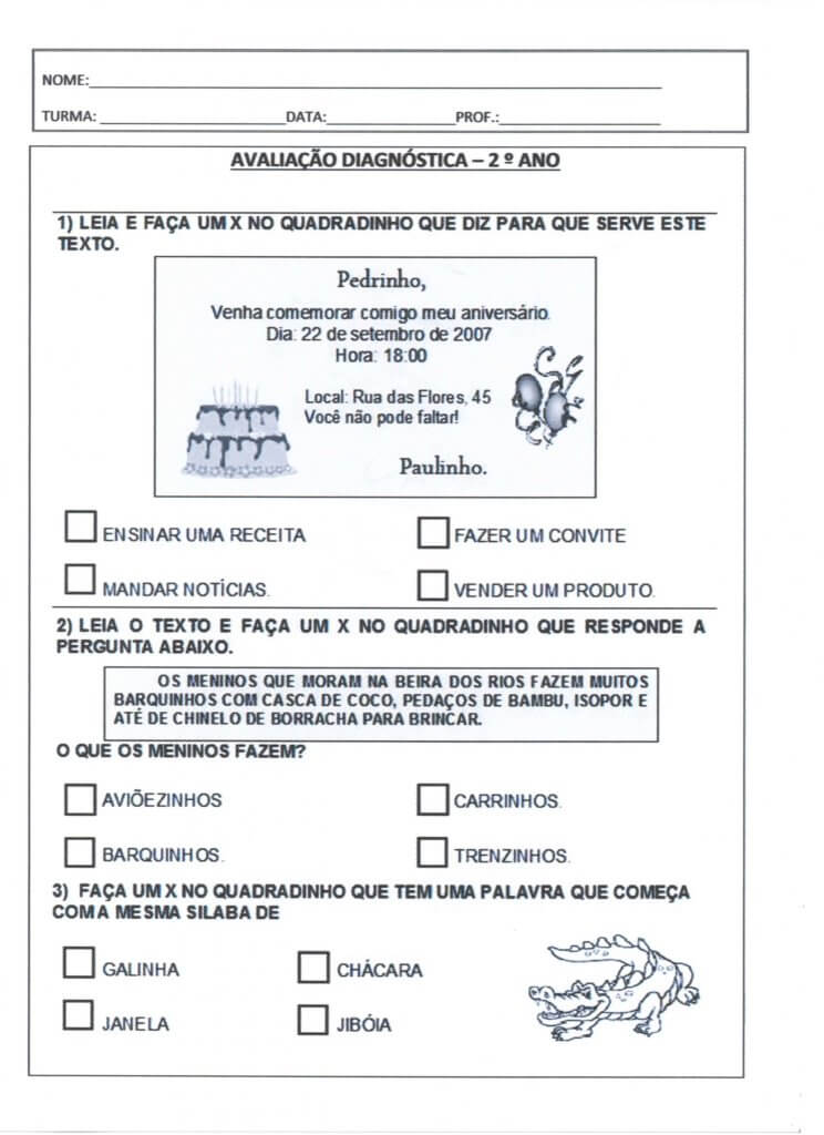 Avaliação Diagnóstica 2 Ano-Português e Matemática-Parte 1-Folha 1