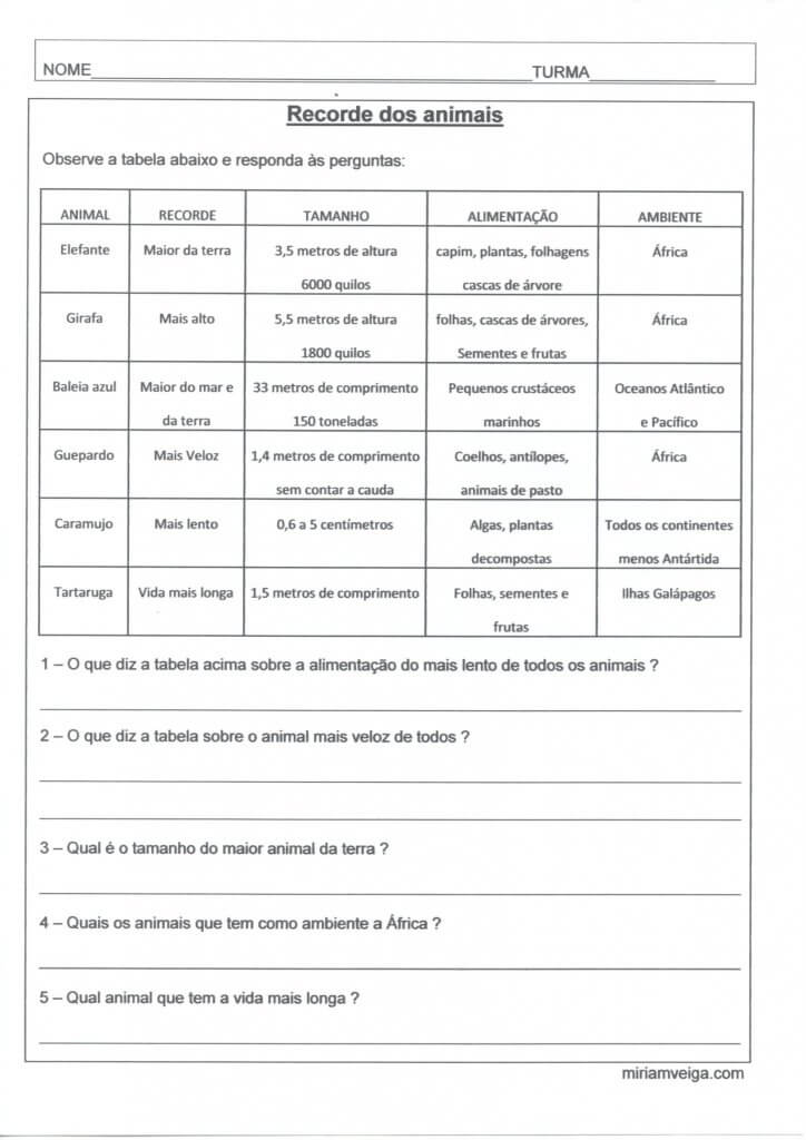 Atividades com animais-Recorde dos Animais-Tabela