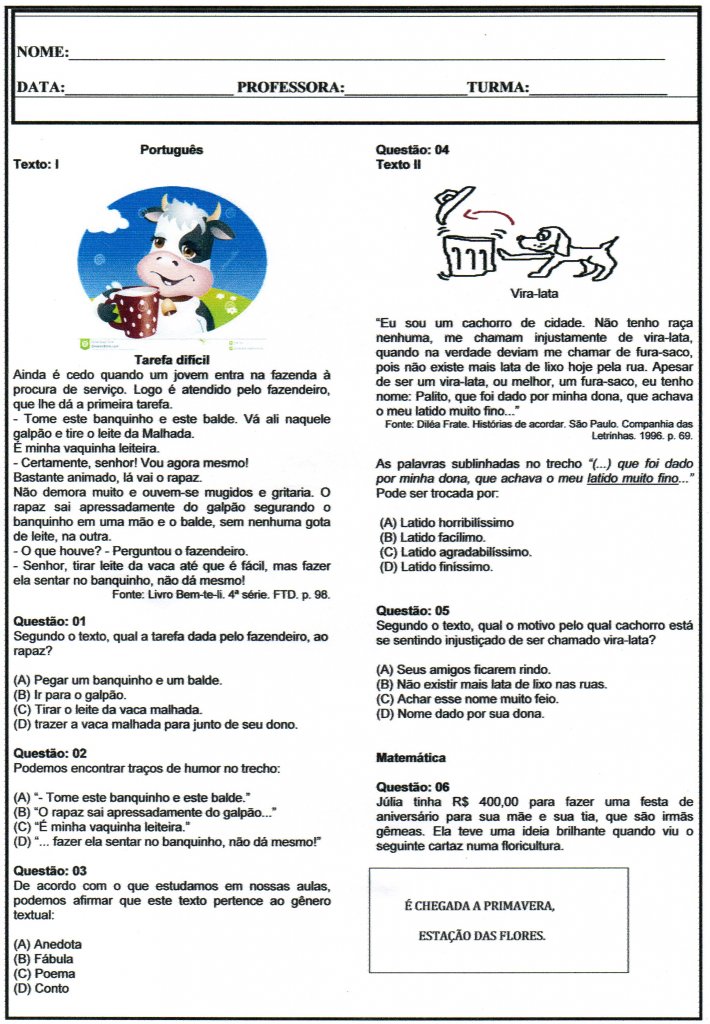 Avaliação 5 Ano-Todas as Disciplinas-Parte 1-Folha 1