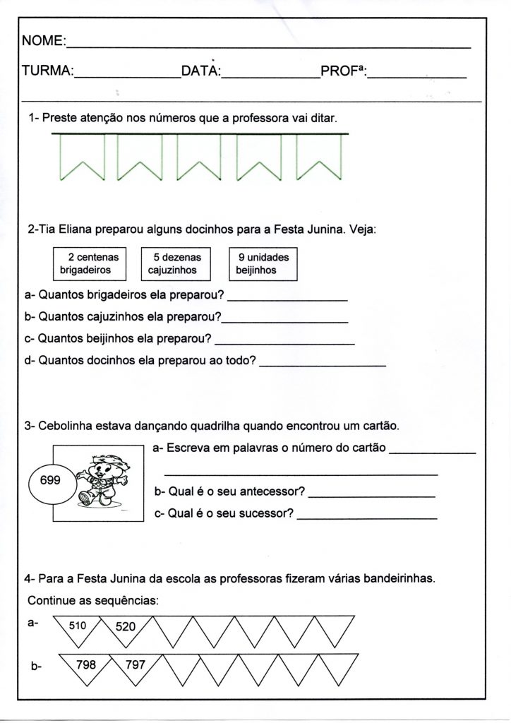 Avaliação de Matemática com vários exercícios de Centena Dezena e Unidade e Antecessor e Sucessor-Folha 1 Avaliação de Matemática-2 ou 3 Ano-Segundo trimestre-Parte 1