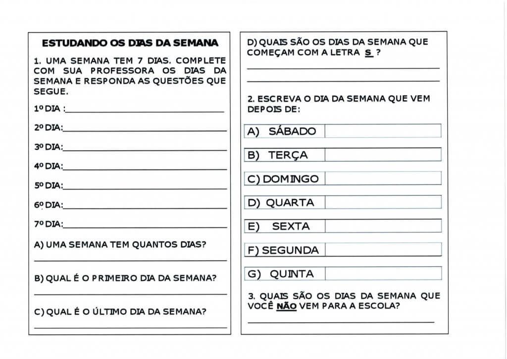 Atividade de Calendário-Dias da Semana-Folha 1