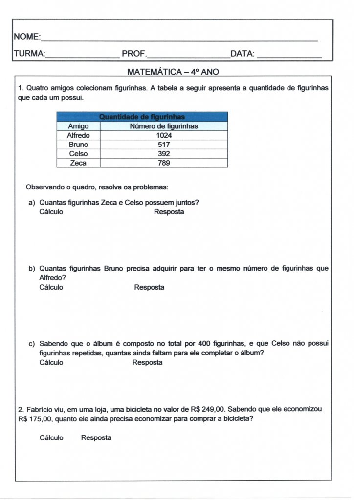 Teste de Matemática 4 Ano Tabela Adição e Subtração