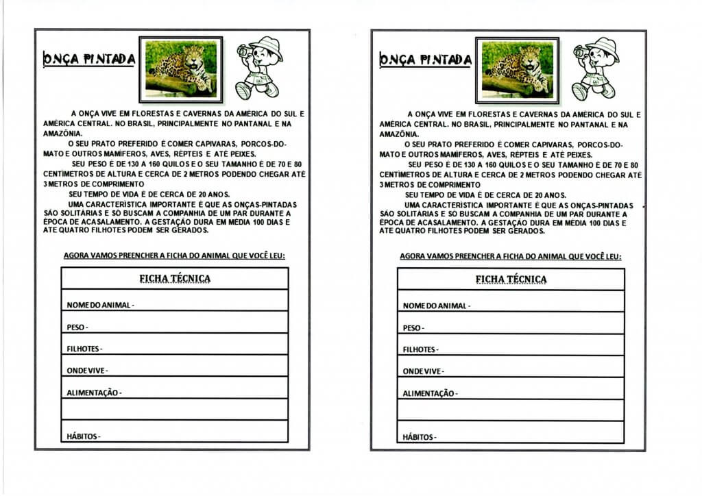 Ficha Técnica da Onça Pintada em imagem pronta para imprimir e usar 2 atividades por folha Interpretação de Texto-Ficha Técnica-Onça Pintada