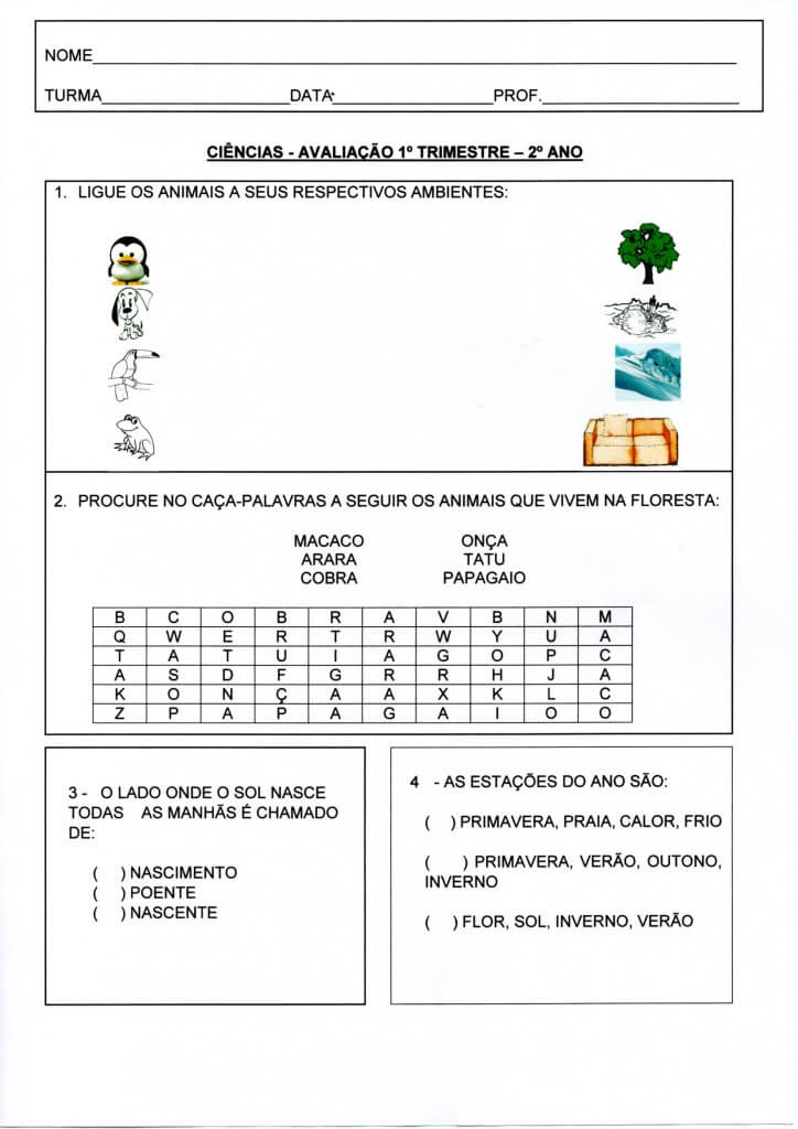 Avaliação Ciências 2 ano 1 trimestre. Avaliação de Ciências 2º Ano, 1º trimestre trata de Ambiente, Estações do ano e Fases da lua-Folha 1 Avaliação Ciências 2 ano 1 trimestre-Folha 1
