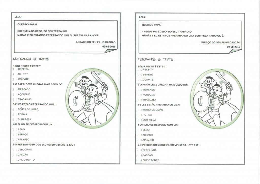 Bilhete-Leitura e Interpretação com múltipla escolha