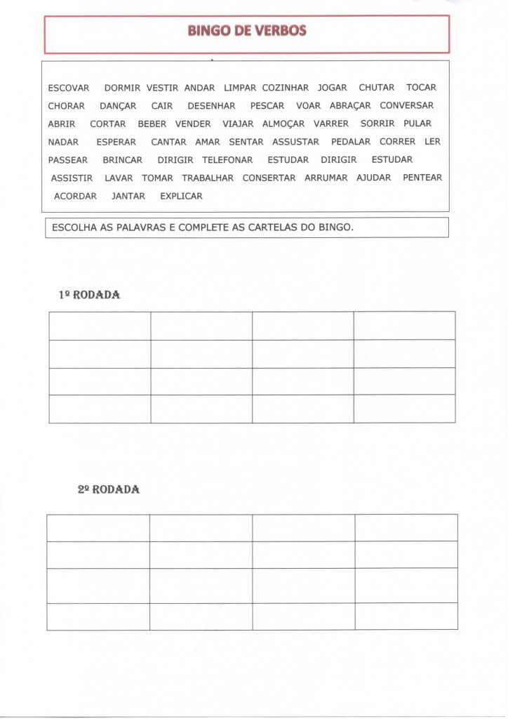 Bingo dos Verbos-Escolha as palavras e complete a cartela