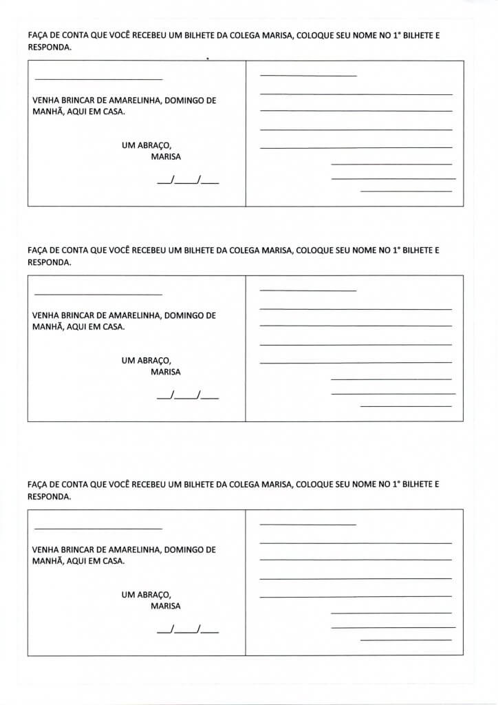 Atividade de estudo de Bilhete, leitura, interpretação e produção de resposta. Cada folha dá pra 3 alunos Trabalhando com Bilhete-Resposta