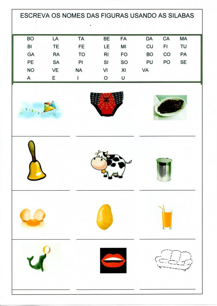 Escreva os nomes das figuras usando as sílabas