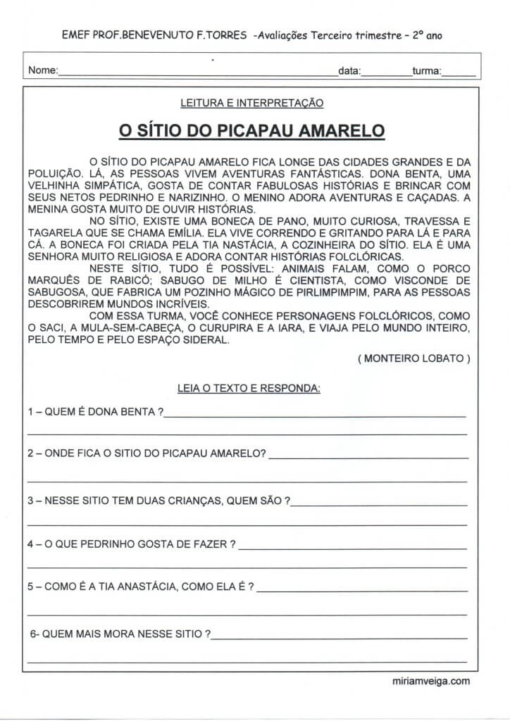 Avaliação Final Sítio do Pica-Pau Amarelo-2 Ano