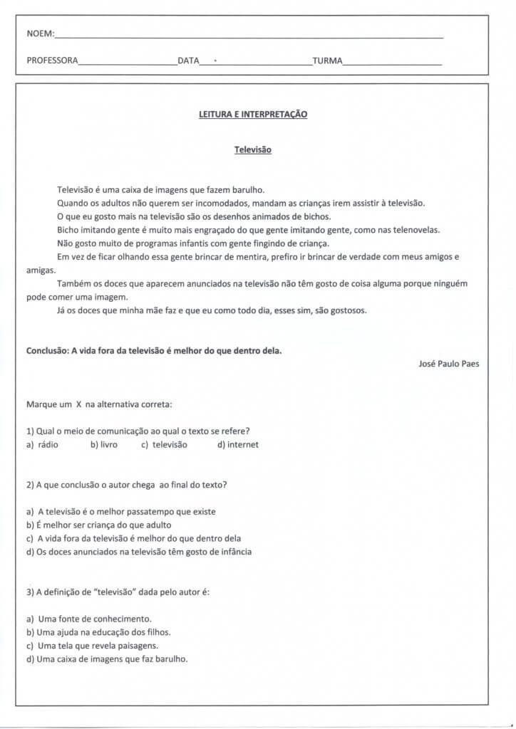 Avaliação de Língua Portuguesa 3 Ano Múltipla Escolha-Folha 1