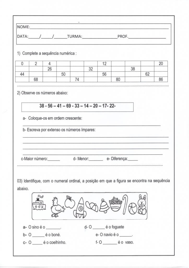 Avaliação-2 e 3 ano-Matemática-Parte 1-Folha 1