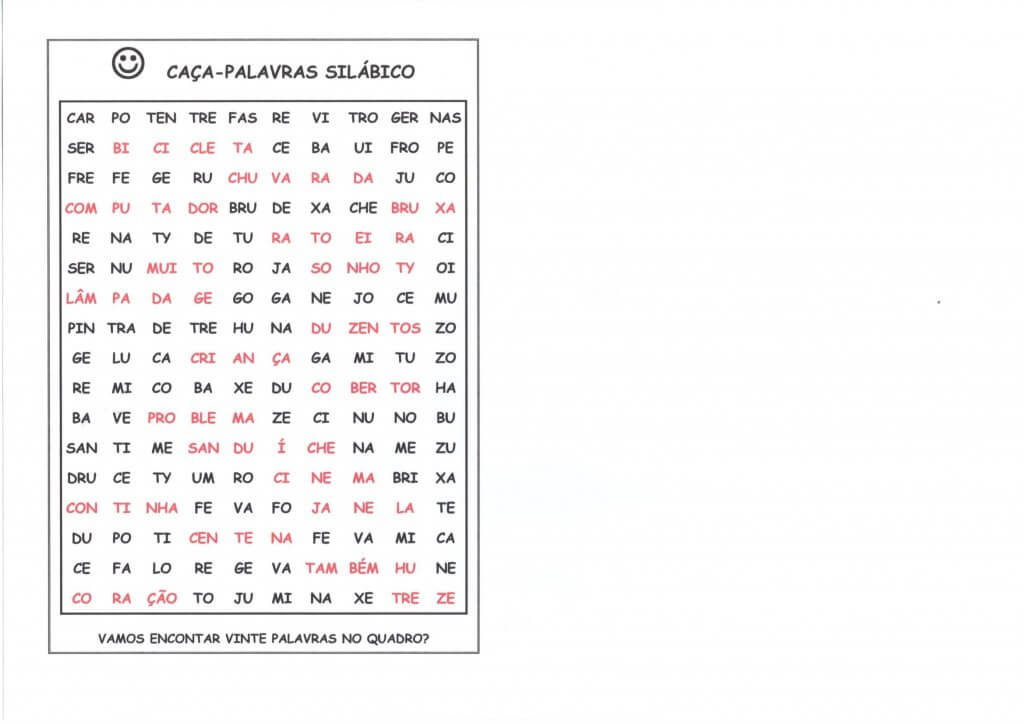 Caça-Palavras-Língua Portuguesa-Silábico-Folha 2-Gabarito
