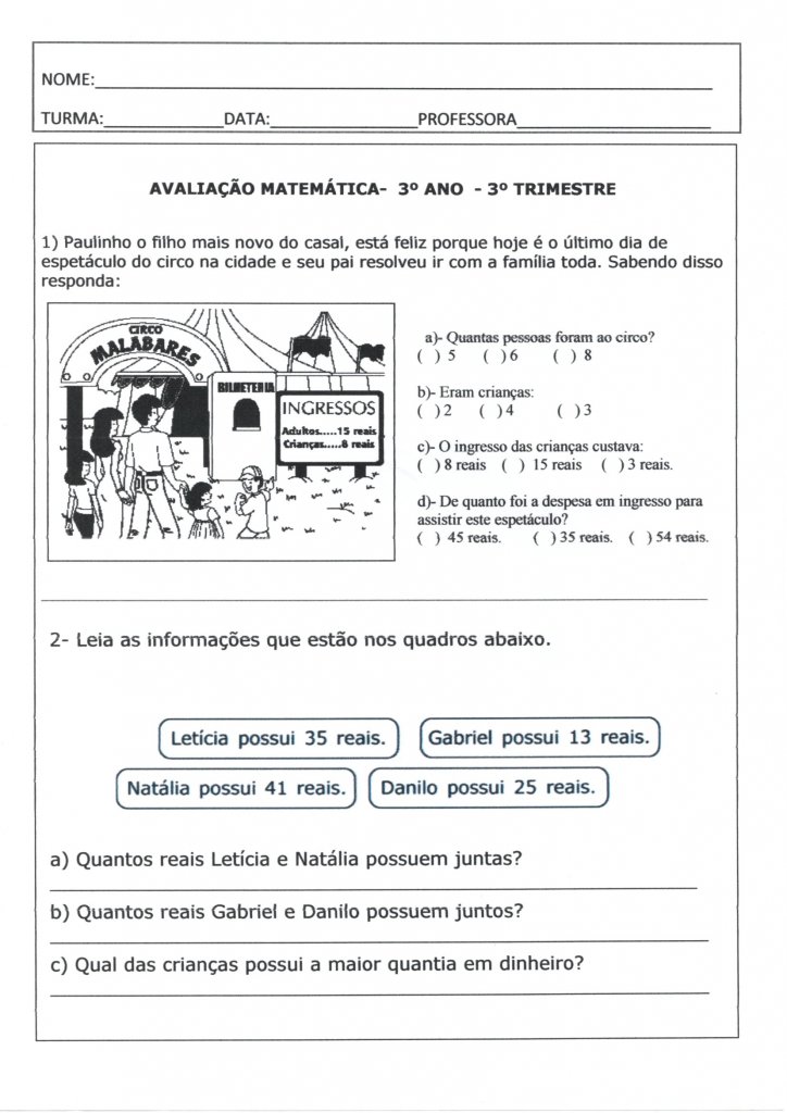 Avaliação Final 3 Ano-3 Trimestre-Matemática-Parte 1-Folha 1